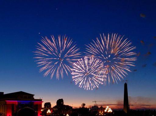 Bright fireworks over the city against an evening sky