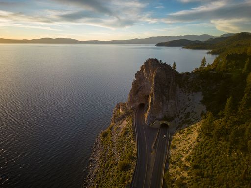 An aerial shot of the Cave Rock at Lake Tahoe in Nevada, USA