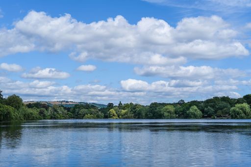 The scenic Roath Park and lake on a bright day in Cardiff, Wales under fluffy clouds in the blue sky