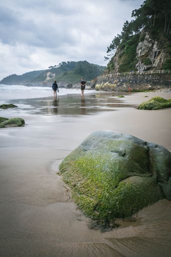 A vertical shot of a father and daughter walking on a sandy beach together