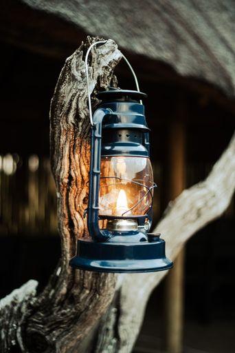A vertical shot of a black lamp on the blurry background