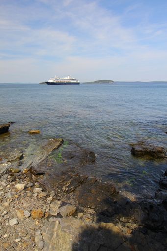 A vertical shot of a boat on the sea