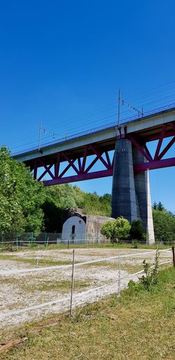 A low angle shot of a bridge with trees under it