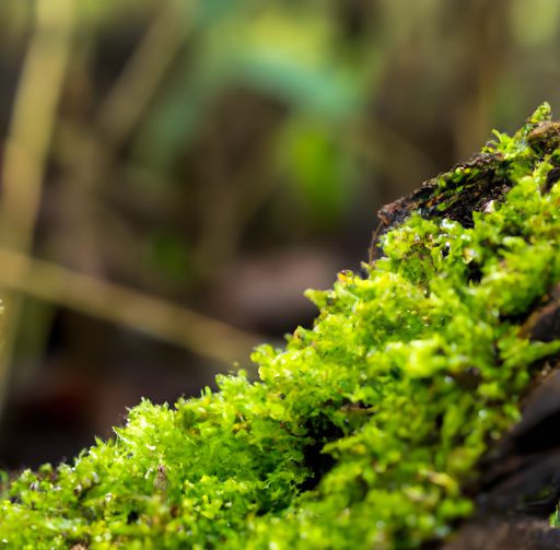A closeup of a tree log covered in the moss under the sunlight with a blurry background