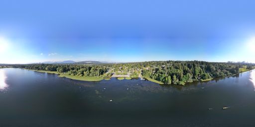 A panoramic shot of the river surrounded by dense green trees on a sunny day