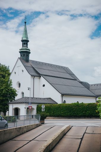 A vertical shot of the catholic church