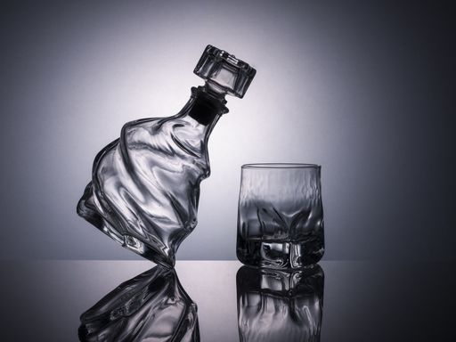 A still life shot of a glass bottle and a cup on the table