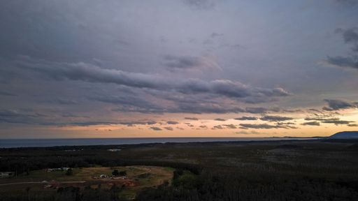 An aerial shot of the forest surrounding the Port Macquarie town at sunset in Australia