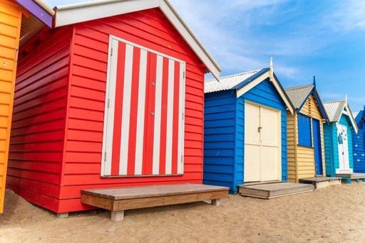 A closeup of colorful bathing boxes at Brighton