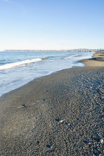 The beautiful sandy Rarangi beach in New Zealand with the ocean and sunlight reflected in the foamy waves