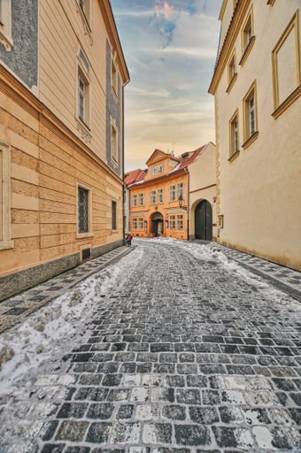 A vertical shot of a building in Prague, Czech Republic, in winter