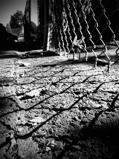 A grayscale closeup of cracked concrete ground with the shadows of nearby mesh wire fence