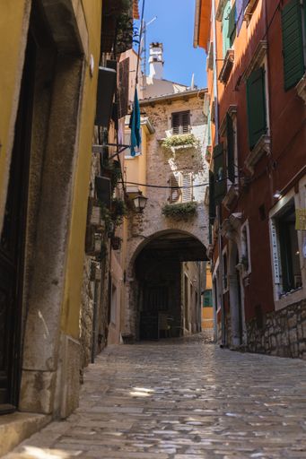 A vertical shot of narrow cobblestone alley between medieval stone buildings