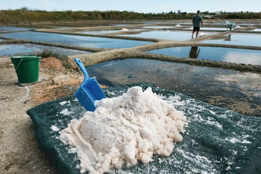 A closeup of natural salt with a plastic scoop. Salt Harvesting, Guerande, Loire Atlantique, France.