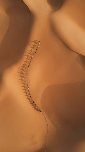 An aerial view of a desert with traces of a line of camels