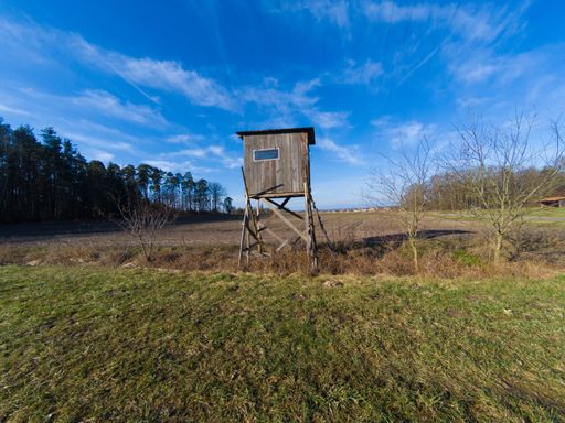 A hunting tower standing in a field with a blue cloudy sky above
