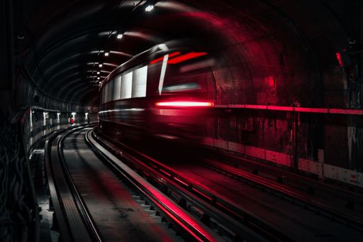 A long exposure of a train driving underground illuminated by red lights. Montreal, Canada