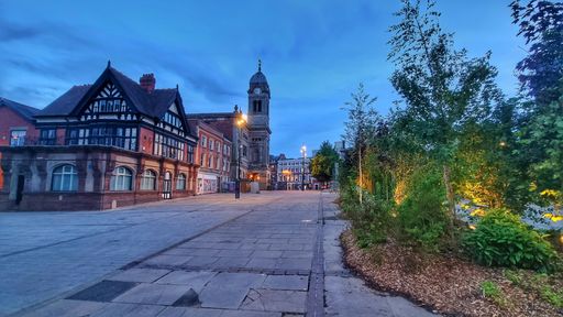 The Derby Register Office on the street at night