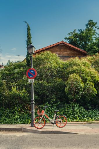 A vertical shot of a public electric bicycle service.