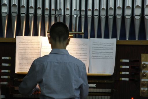 A back view of a young male playing the piano