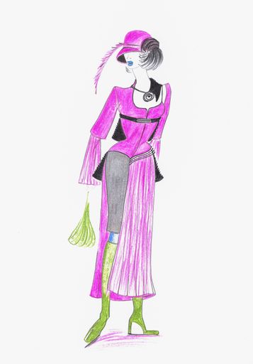 A fashion sketch painting of a woman in a purple dress on white paper