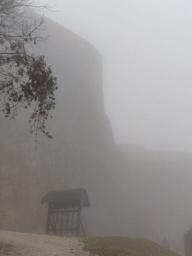 The Wall of 13th-century Visegrad Citadel hidden in the fog
