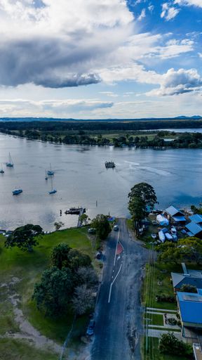 An aerial view of the city and boats in Port Macquarie, New South Wales, Australia
