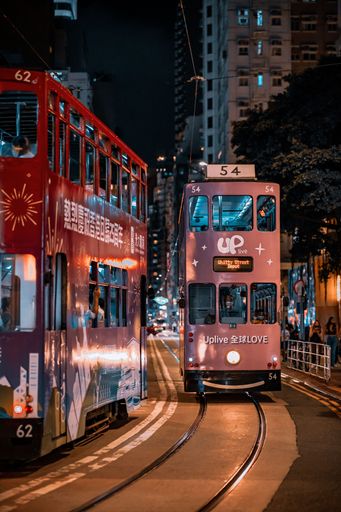 A vertical shot of a tram still running late at night in Wanchai, Hong Kong