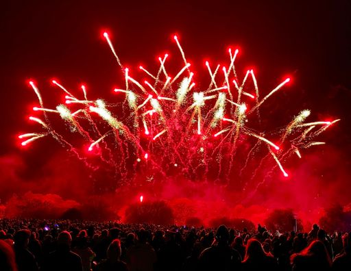 A crowd watching fireworks explode in a smoky red sky on Guy Fawkes night in the UK.