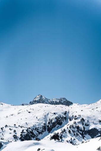 A vertical shot of a beautiful mountain peak covered by snow