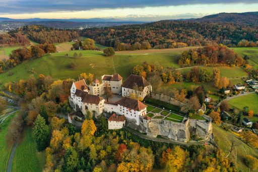 An aerial view of Lenzburg castle surrounded by autumn trees in Aargau