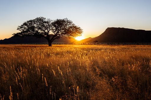 A golden sunset over the Namtib Biosphere Reserve and Tiras Mountains in Namibia Africa