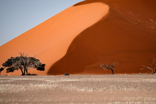 A view of a sandy red dune in a salt and clay dry lake bed in Sossusvlei, South Africa