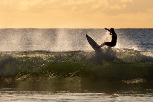 The surfer riding a wave in the early morning. Maroochydore, Australia.