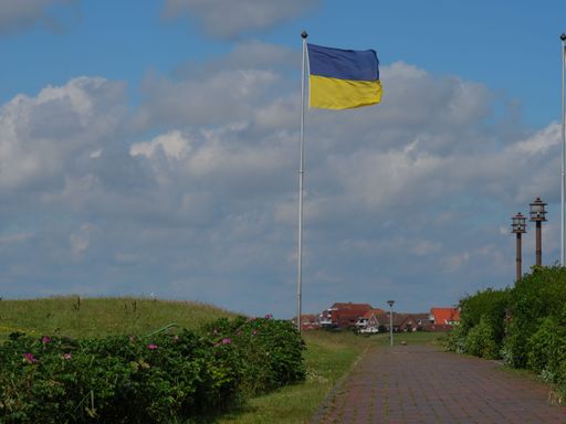 A scenic view of a flag pole with the Ukrainian flag waving on it