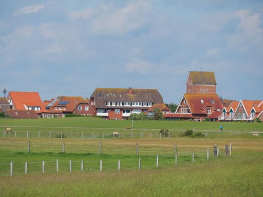 A lush green rural landscape with houses and buildings in the distance on Baltrum island, Germany