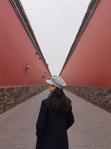 A vertical shot of a female walking through a narrow street surrounded by red walls