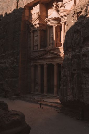 The Al-Khazneh temple during sunset in the ancient Arab Nabatean Kingdom city of Petra