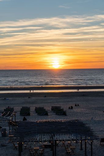 A vertical shot of a golden sunset over the calm sea and the beach with the horizon in the background