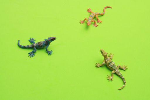 A top view of colorful small lizard-shaped toys on a green surface