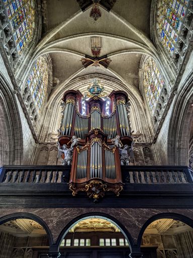 A low-angle vertical shot of the inside of the Church of Our Lady of Victories in Brussels, Belgium