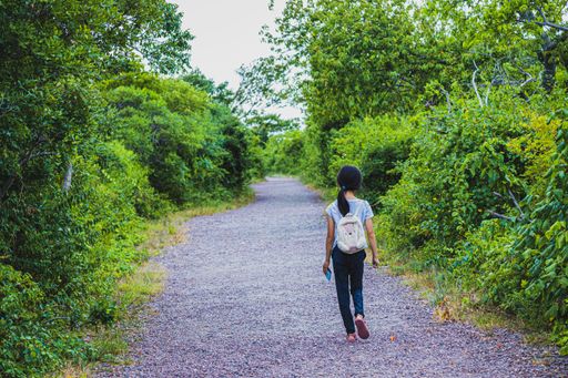 A back view of girl walking on path surrounded by growing green trees and plants