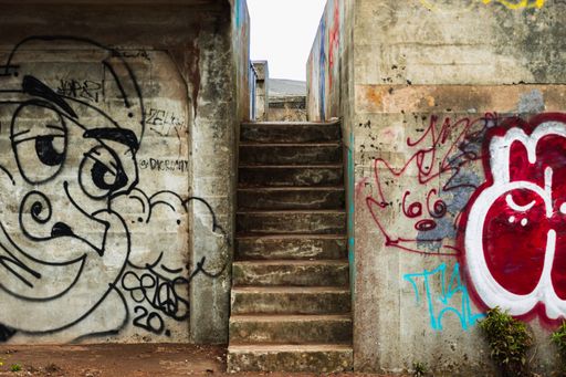 Paint graffiti on stone walls and stairs in the Bay Area, San Fransisco, California, USA