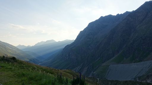 A scenic landscape of the alpine Pitztal valley in Tyrol, Austria