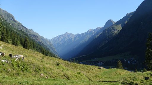 A scenic landscape of the alpine Pitztal valley in Tyrol, Austria