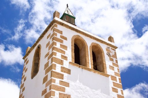 A low angle view of the church of Santa Maria de Betancuria, Betancuria, Fuerteventura against the blue sky