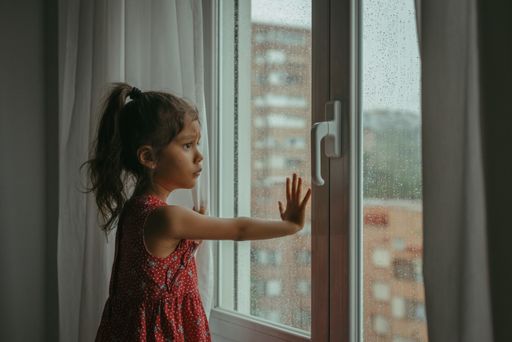 A young child in a red dress looking out of a window on a rainy day