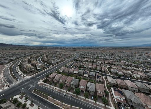 An aerial view of houses in Henderson on a cloudy day