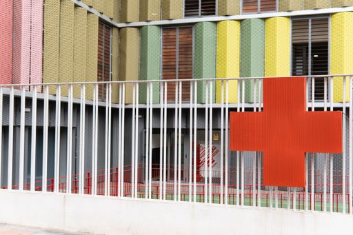 Exterior of the Red Cross building. Concept of hospital, health, emergencies, copy space