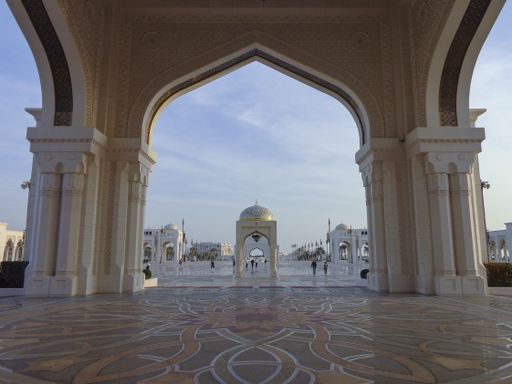 Oriental architecture, gallery of Qasr Al Watan, Presidential Palace, Abu Dhabi, United Arab Emirates